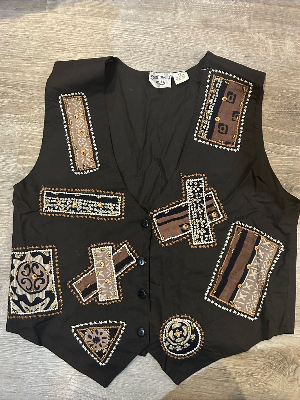 Spell Bound petite size medium woman’s brown Embroidered Patchwork Vest vintage